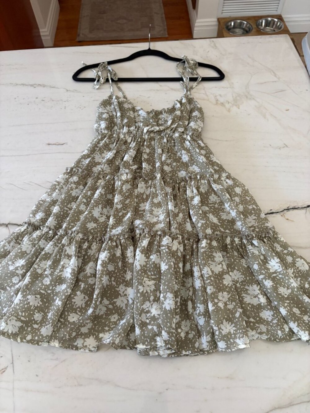 Blu Pepper Babydoll Dress Small Mini Tiered Olive Green Floral Y2K Lined Fairy - Picture 3 of 6